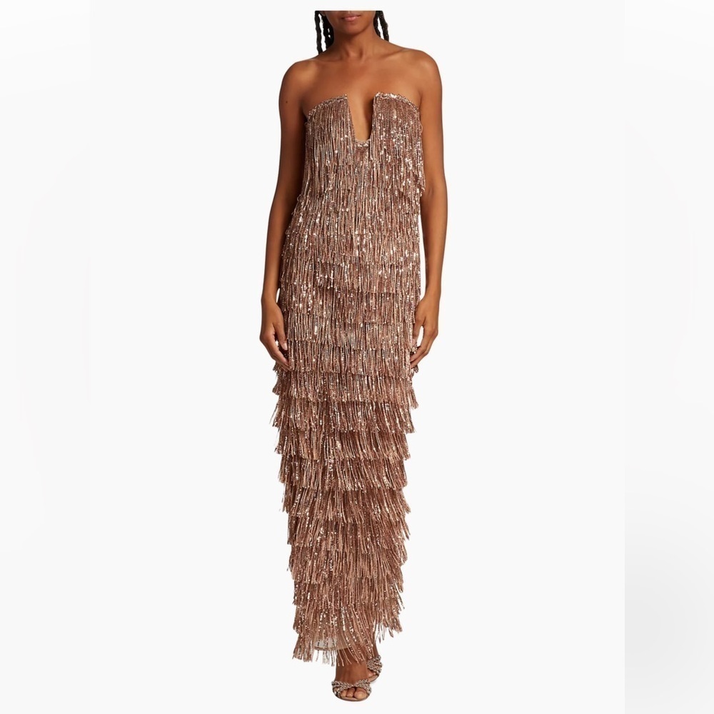 Bronx & Banco | Isle Sequin Fringe Gown In Rose Gold Gown Size L -8 NEW - Picture 6 of 15